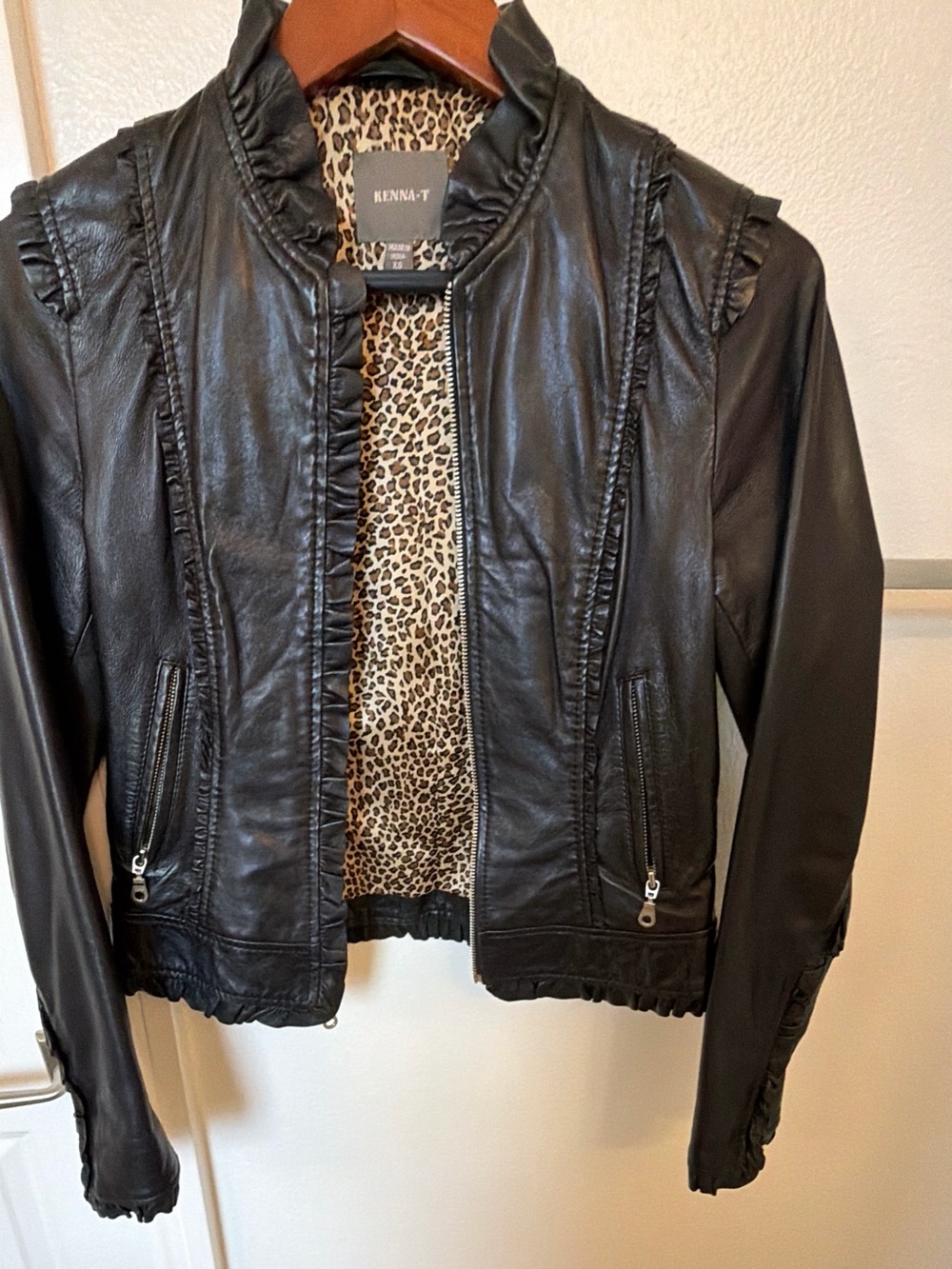 Women's Black Leather Jacket with Leopard Lining